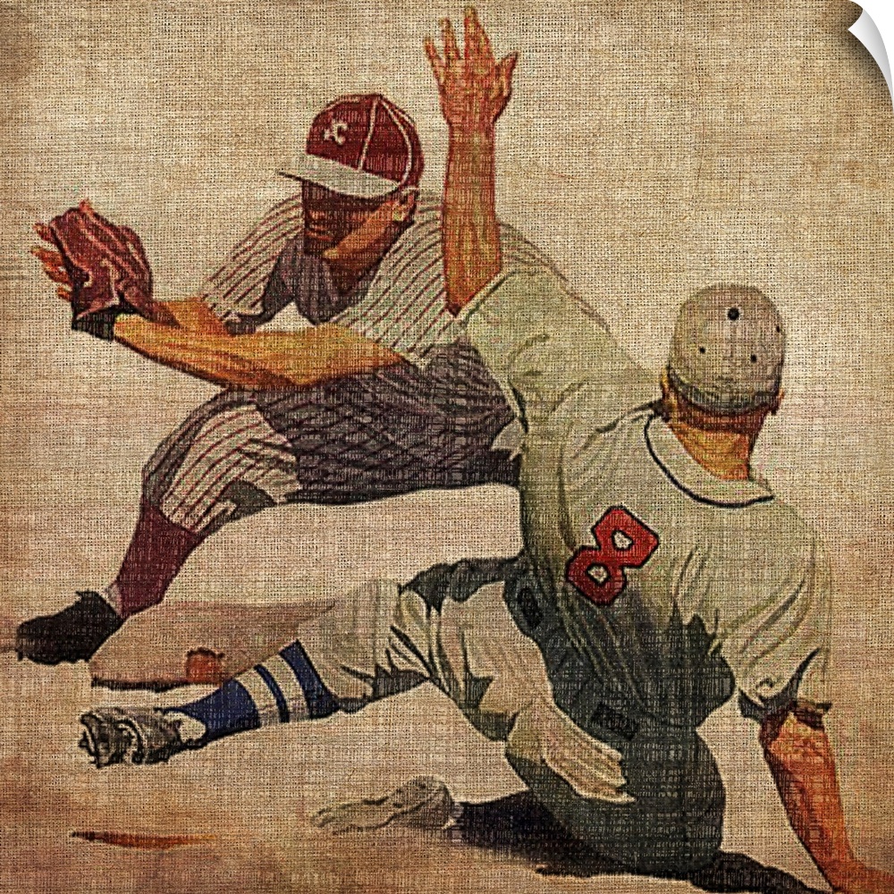 Big antique sports art includes a baseball player preparing to tag out a sliding opposing player at a base.  Artist gives ...