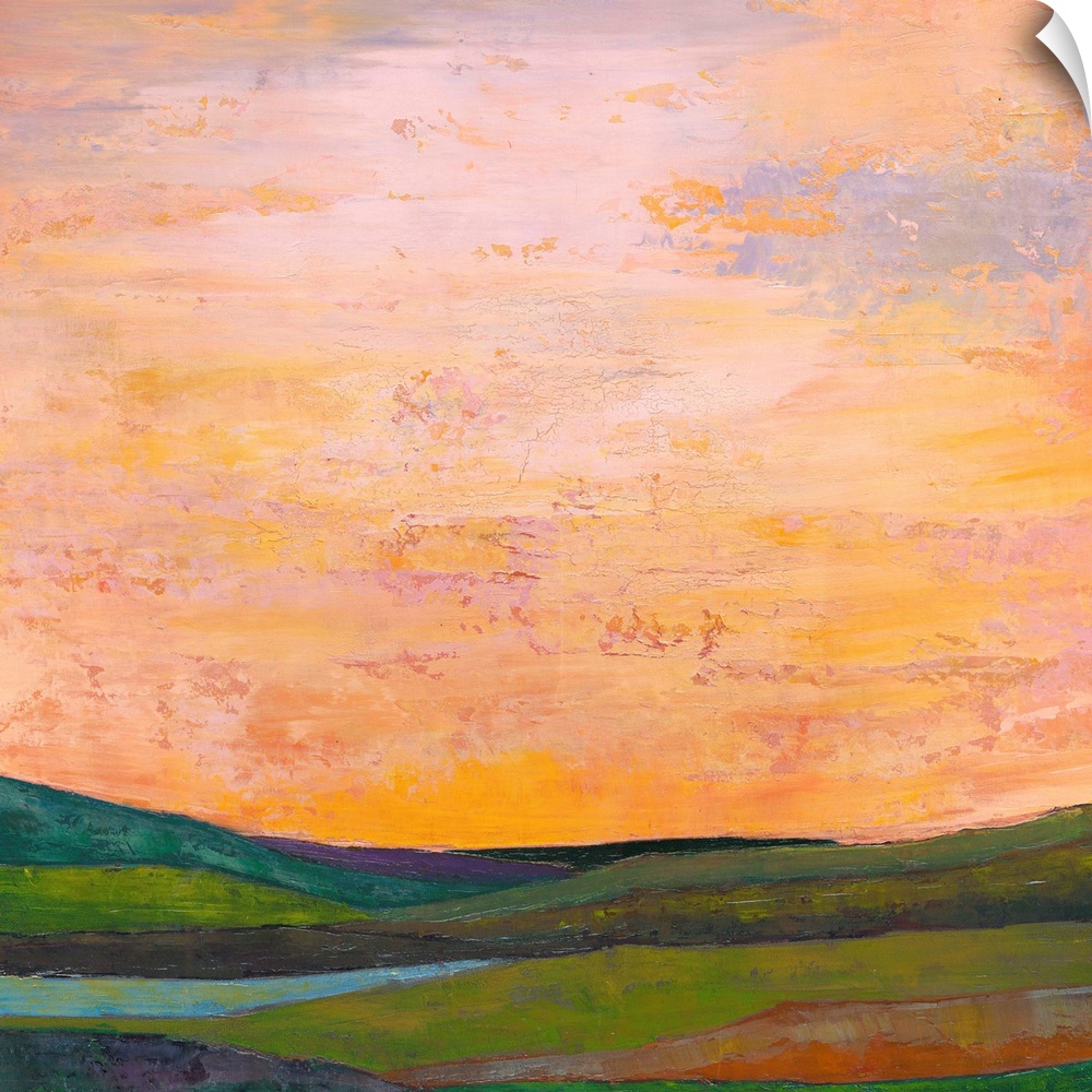 Contemporary abstract painting using color to and shape to suggest a landscape.