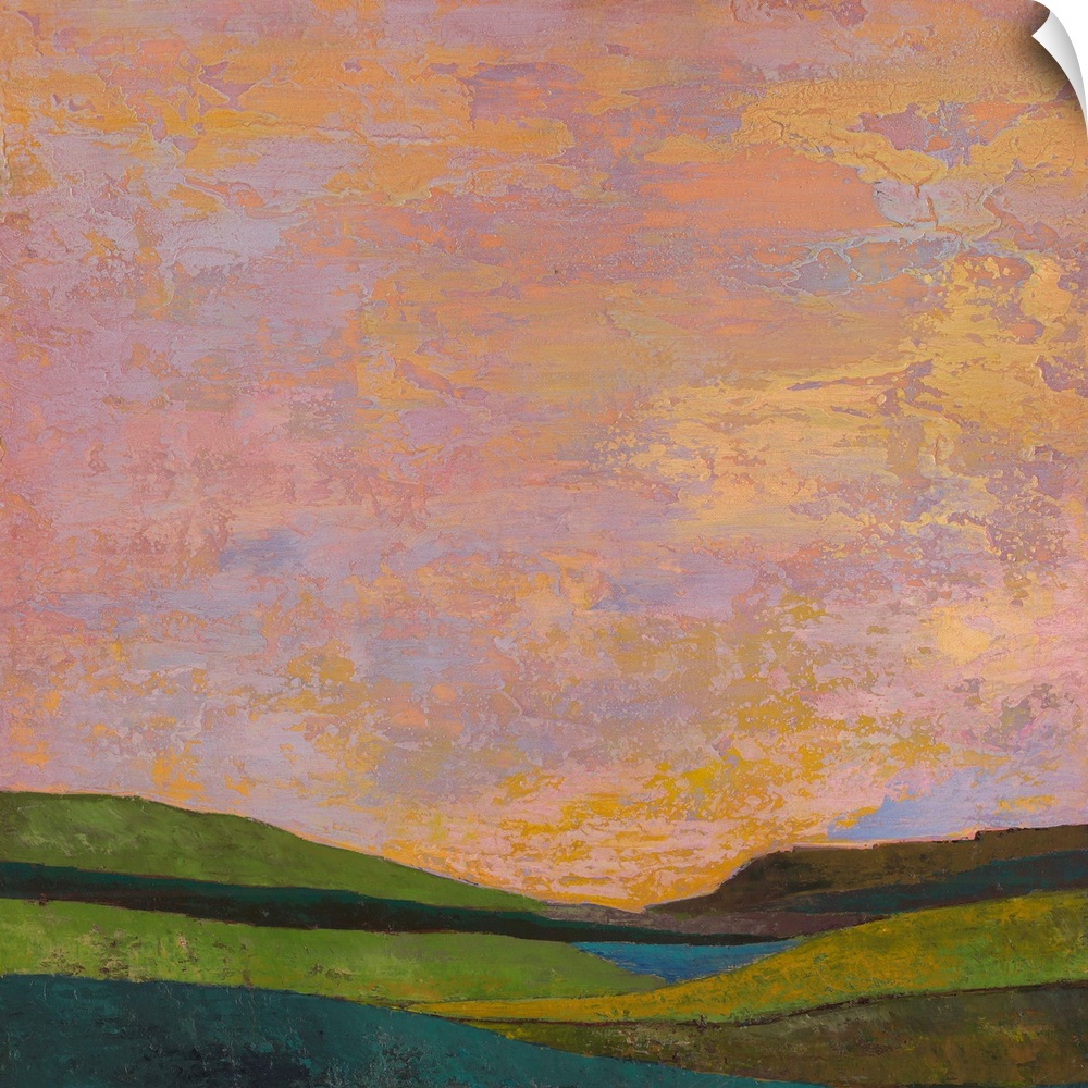 Contemporary abstract painting using color to and shape to suggest a landscape.