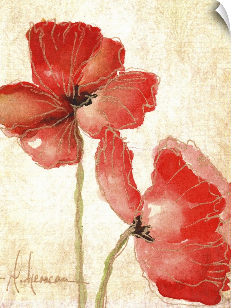Contemporary painting of bright red poppies against a beige background.