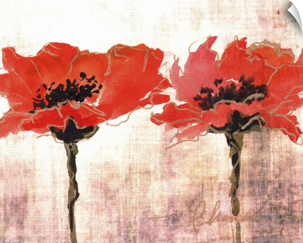 Contemporary painting of bright red poppies against a beige background.