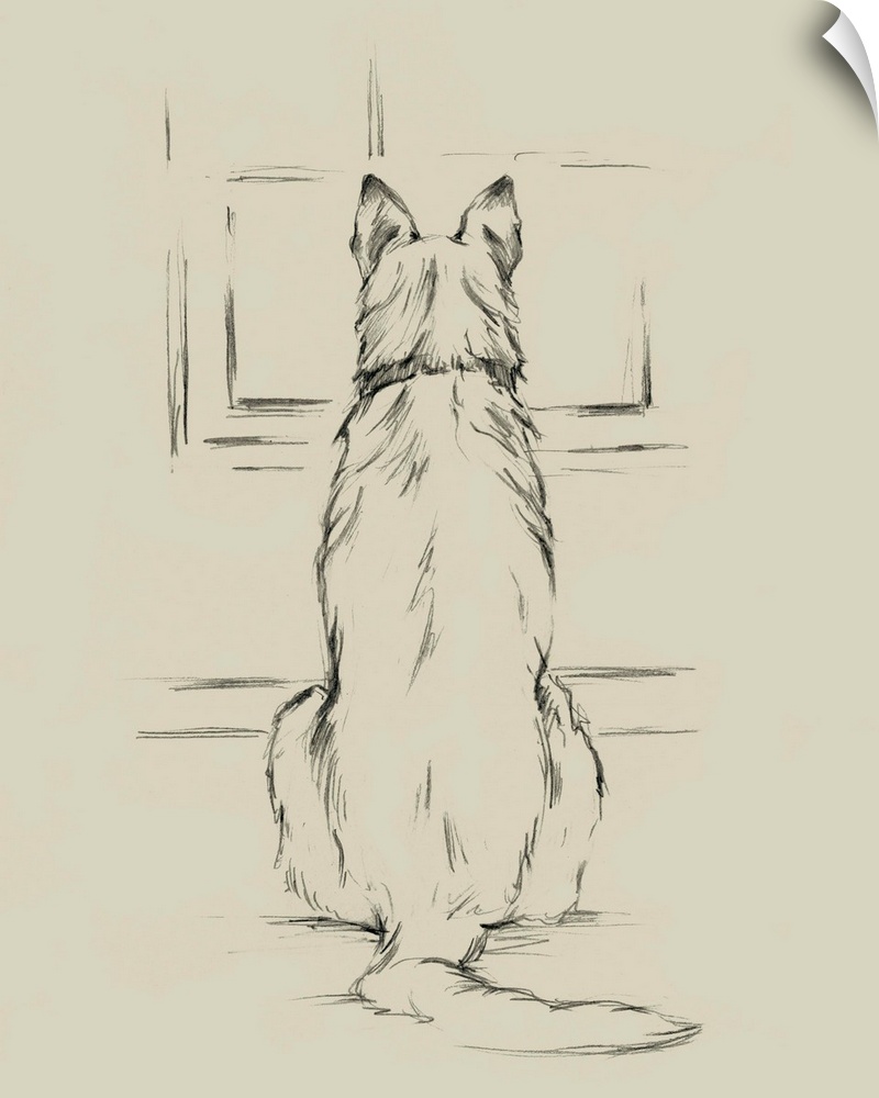 Sketch of a German Shepherd waiting at a window for its owner to come home.