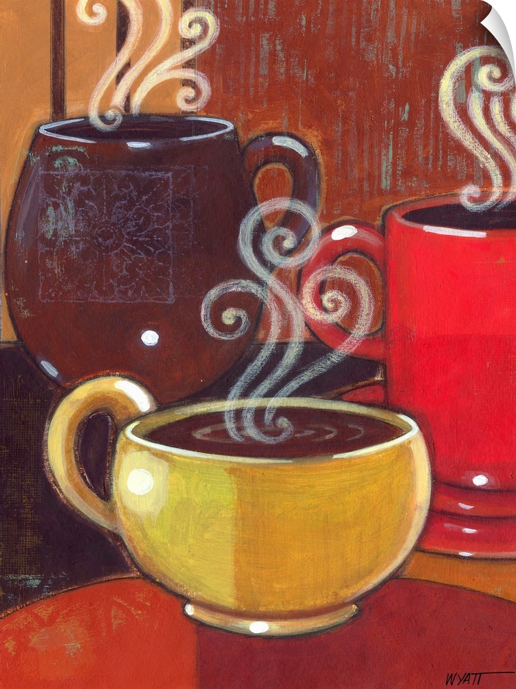 Contemporary painting of mugs of coffee in warm tones with swirls of steam.