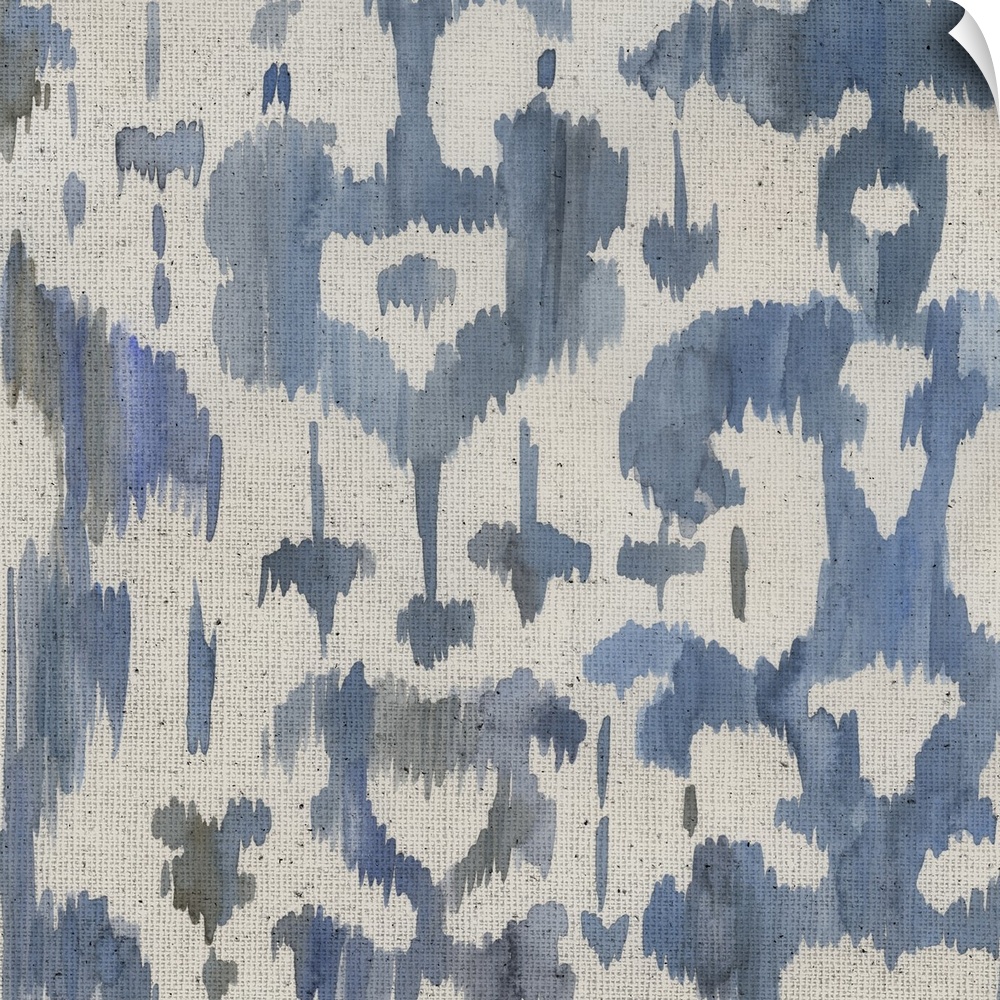 Watercolor painting of decorative patterns in shades of blue and gray on a textured linen backdrop.