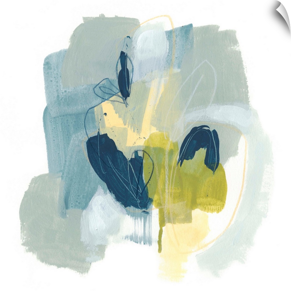 Contemporary abstract painting in blue, green, and yellow.