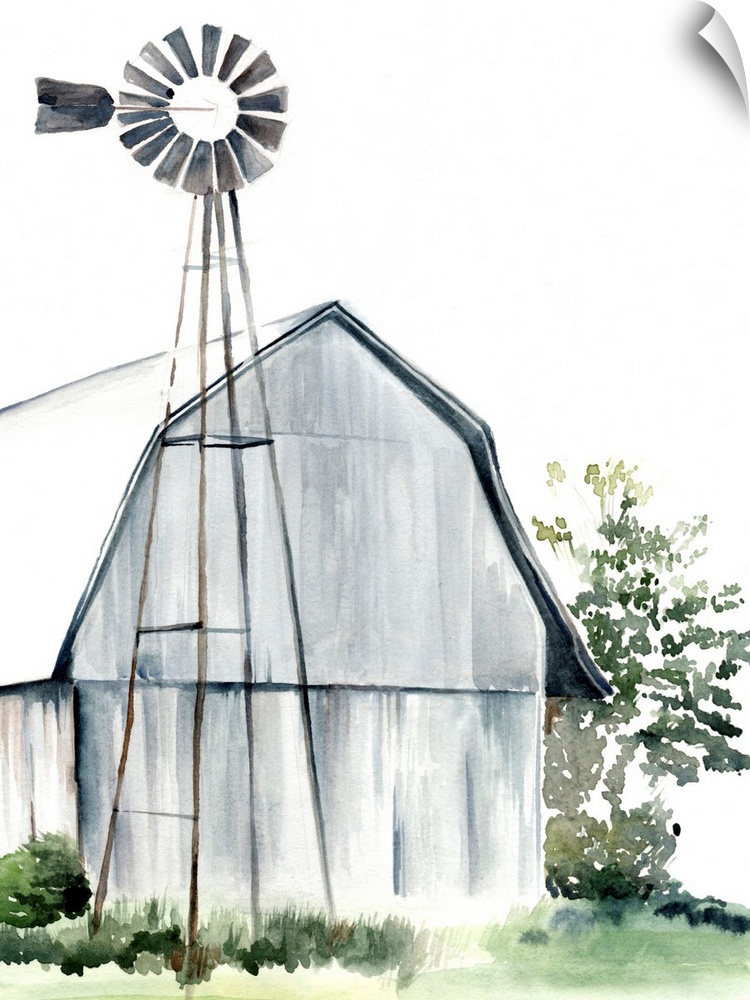 This watercolor painting features a serene barn with a windmill.