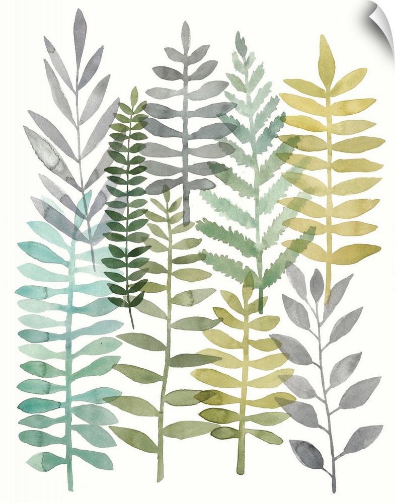 Watercolor painting of stalks of long frond of leaves.