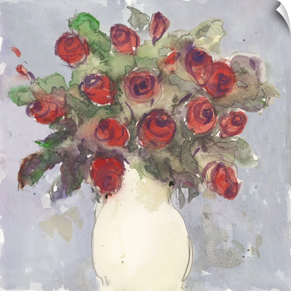 Watercolor painting of a bouquet of red roses in a white vase.