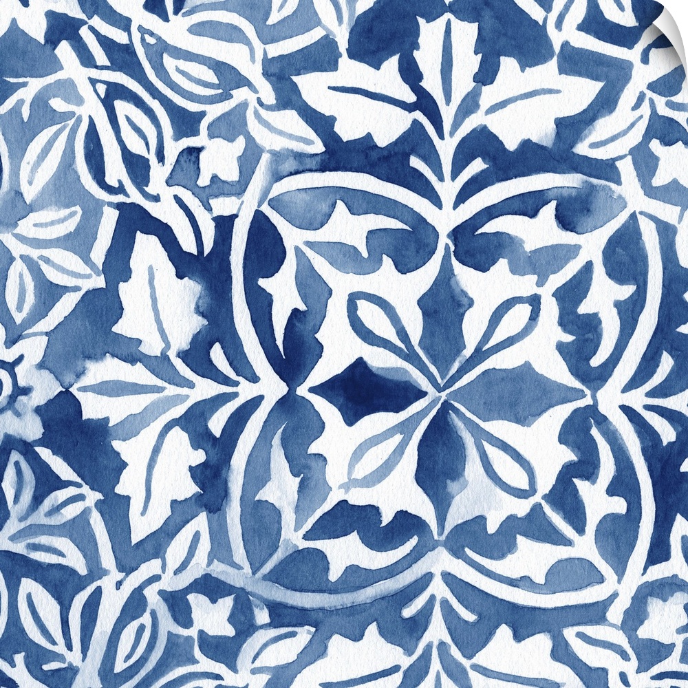 Elaborate indigo blue patterns in watercolor.