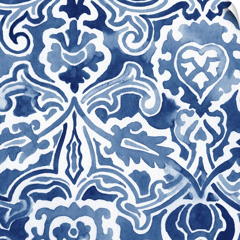 Elaborate indigo blue patterns in watercolor.