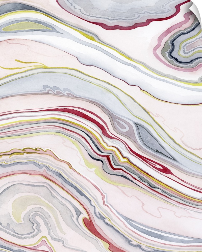 Abstract painting in marbled lines of pink, red, and yellow, resembling agate formations.