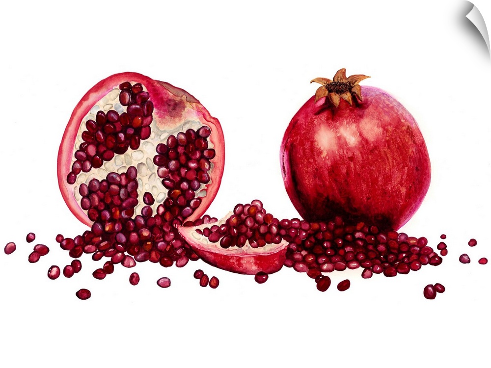 Watercolor painting of a whole and halved pomegranate against a white background.