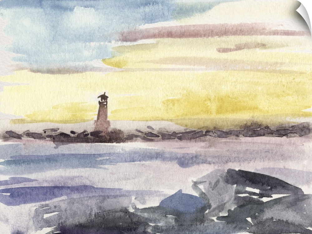 Contemporary watercolor landscape of the ocean and a lighthouse in the distance.