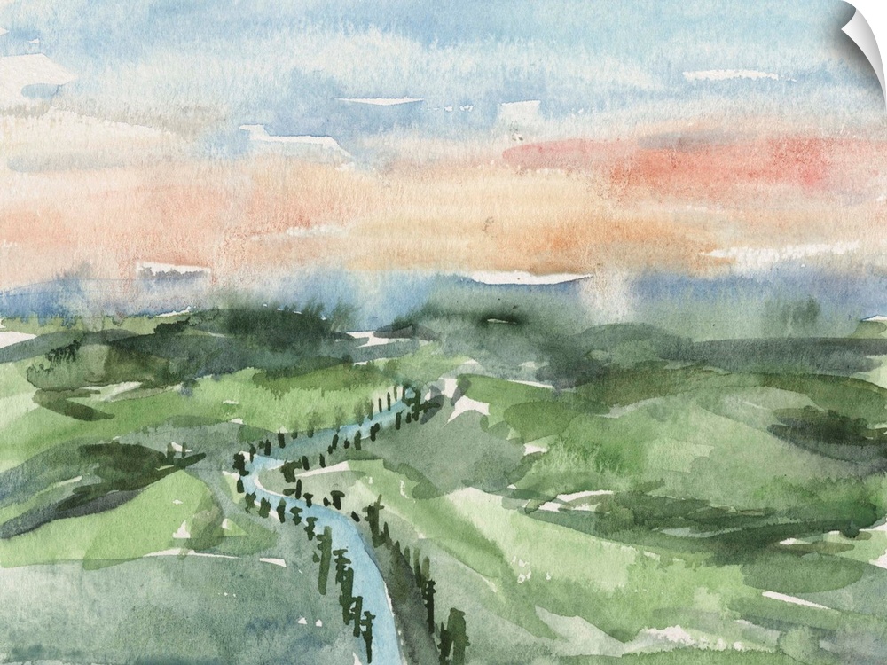 Contemporary watercolor landscape of a river running through a hilly landscape.
