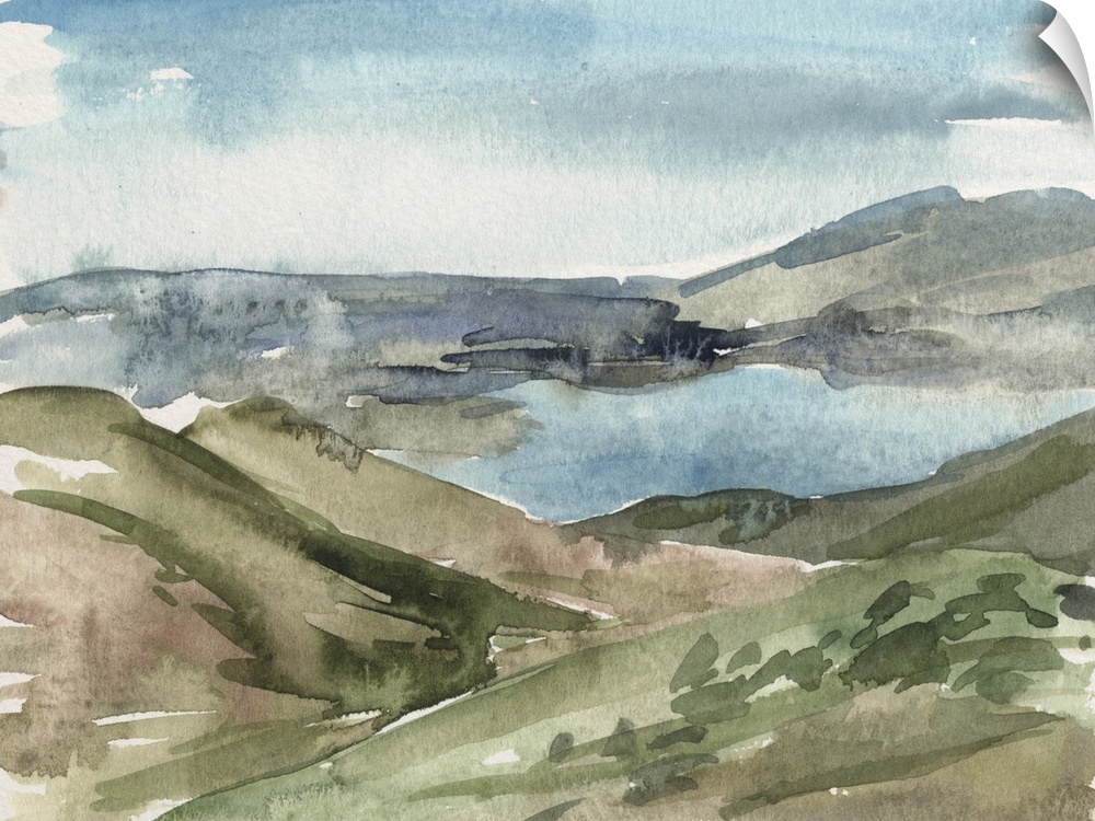 Contemporary watercolor landscape of a lake surrounded by a mountainous landscape.