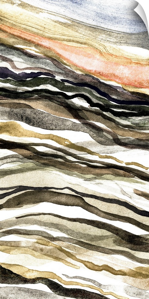 A contemporary abstract painting of wavy organic lines of color in autumn shades of browns and other earth tones