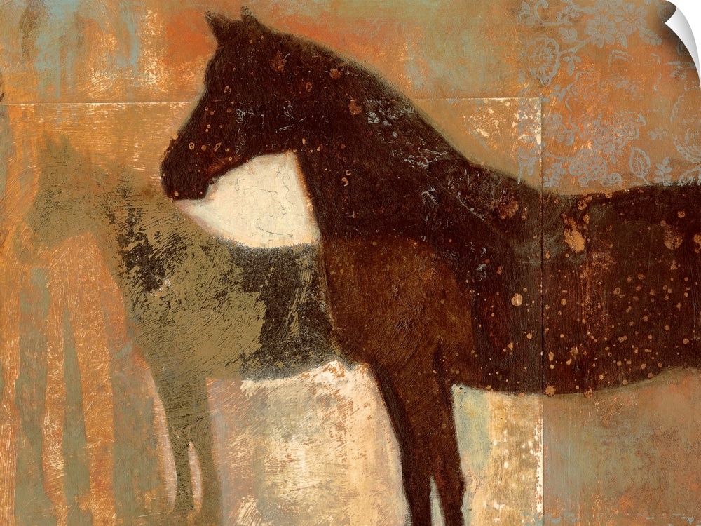 Contemporary painting of horse silhouettes covered in paint splatters with floral design in one color.