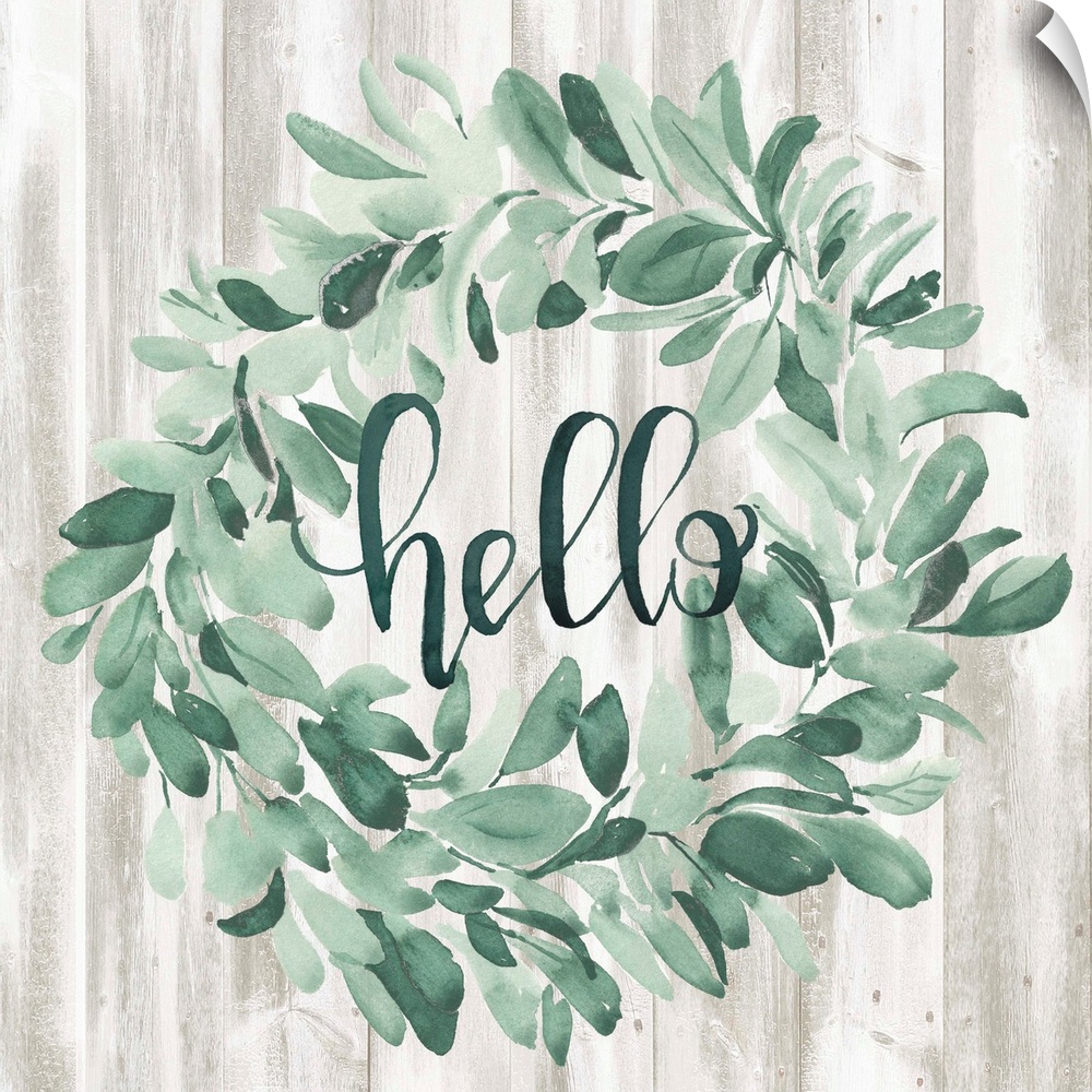Watercolor wreath painting with script "Hello" in center.