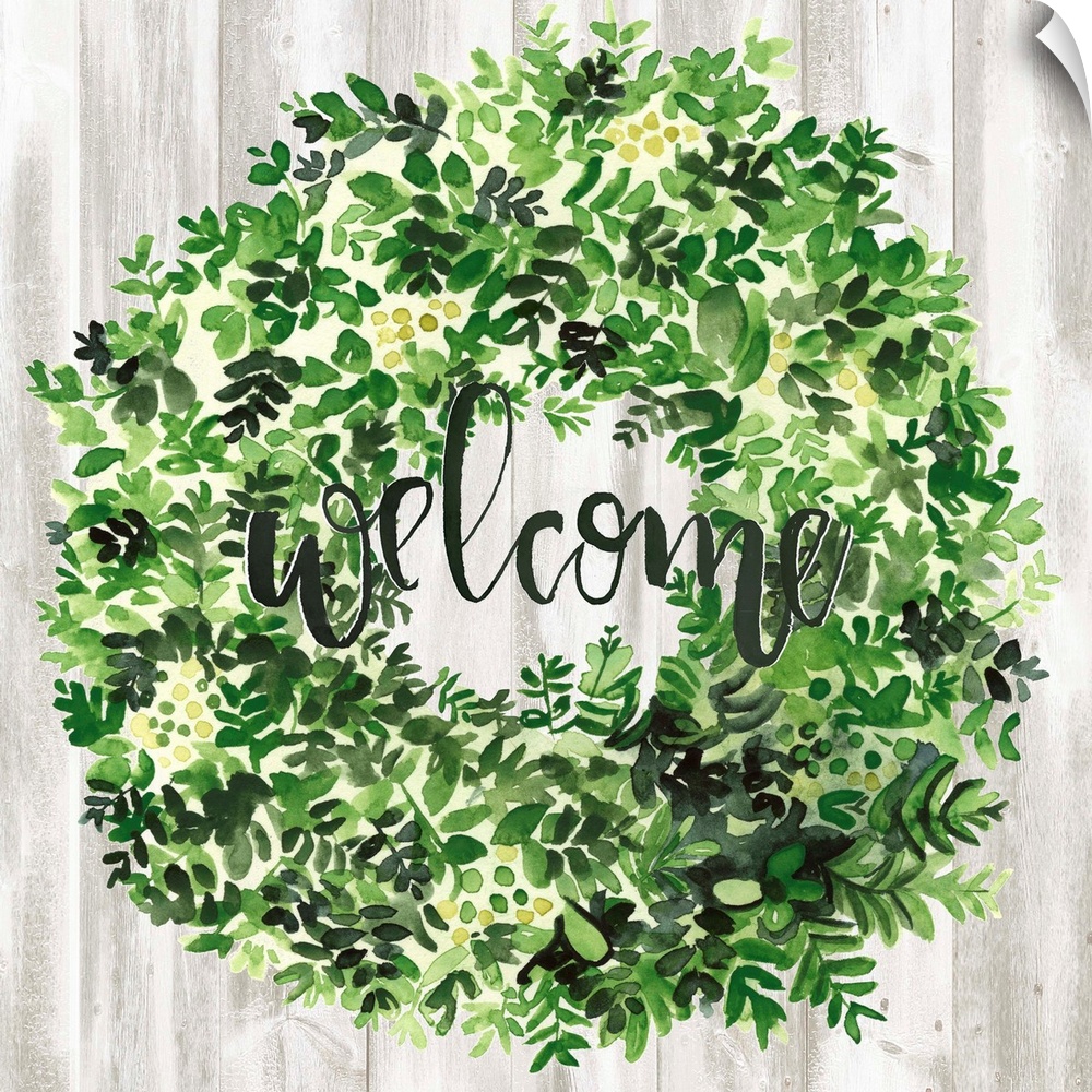 Watercolor wreath painting with script "Welcome" in center.