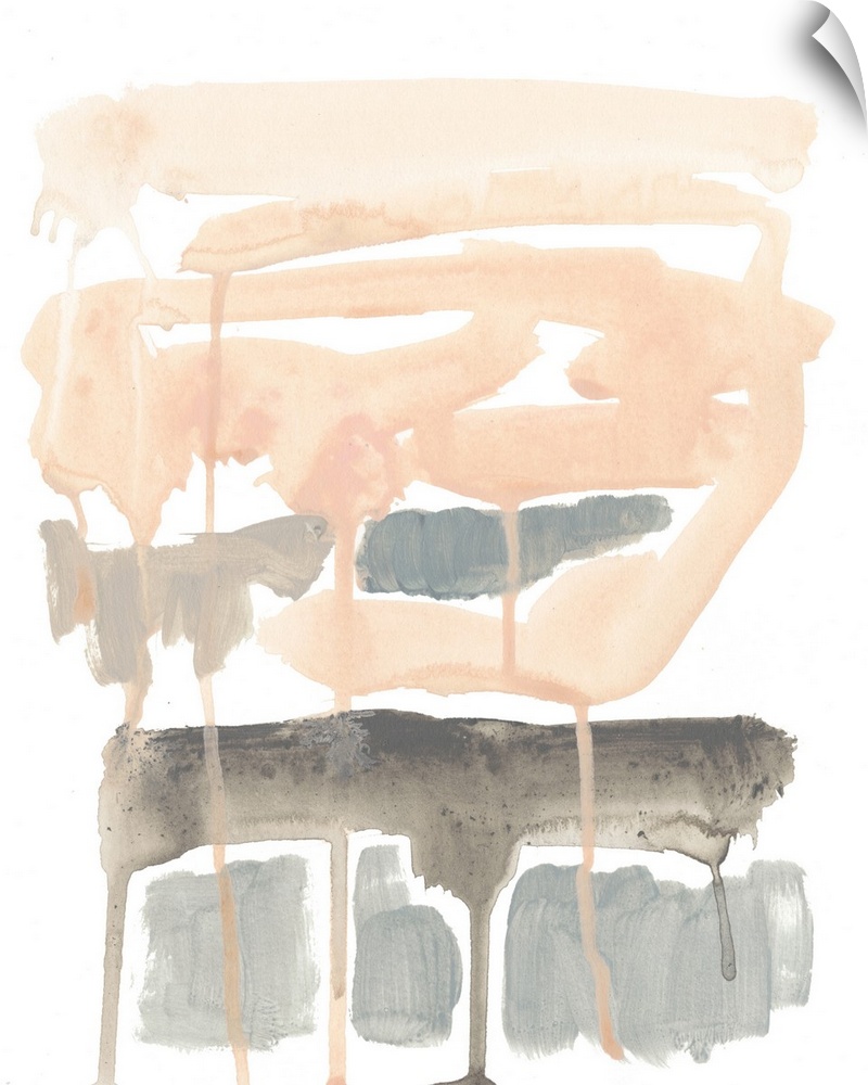 Contemporary abstract painting of soft pink and gray brush strokes and paint drips.