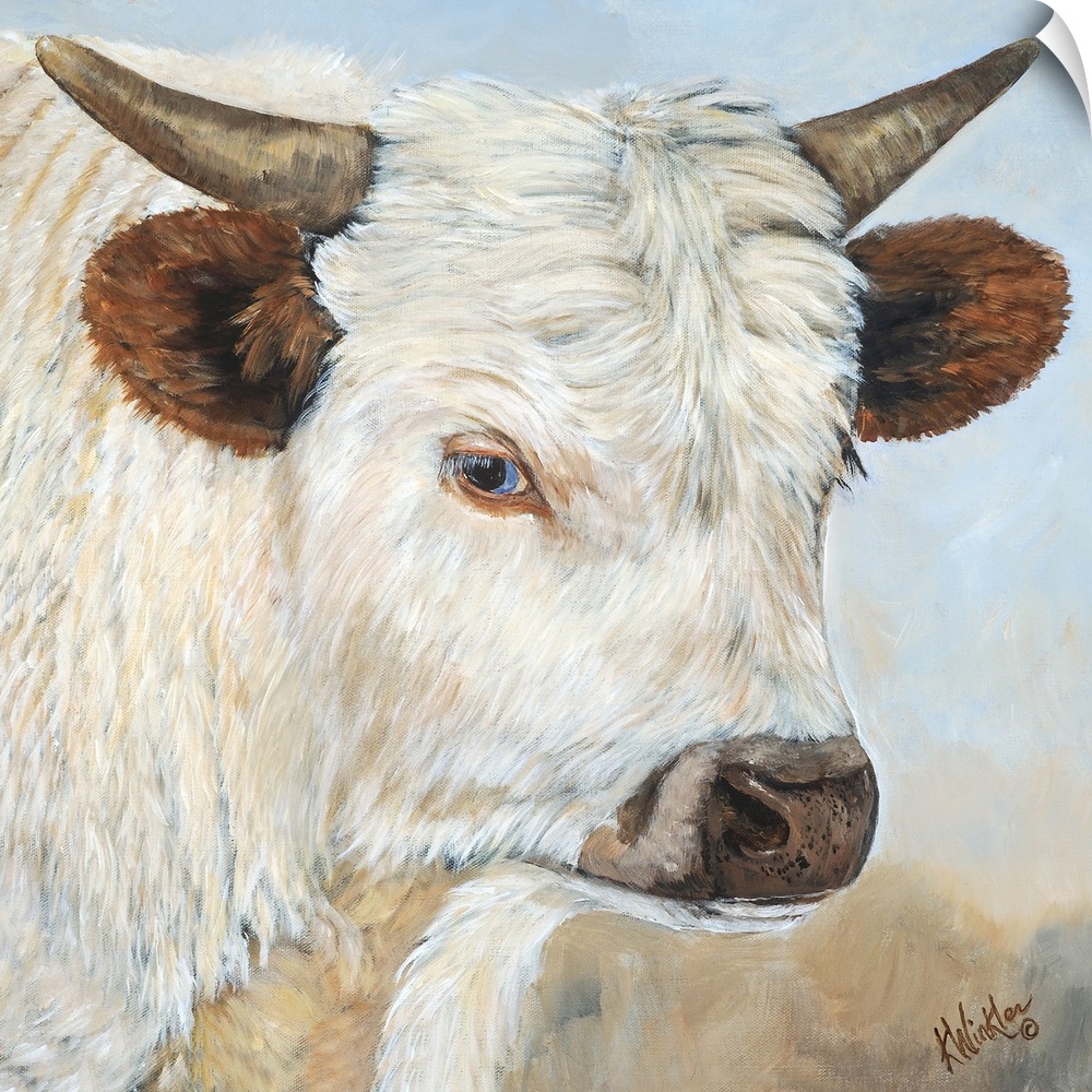 Contemporary painting of a portrait of a white cow with large ears and short horns.