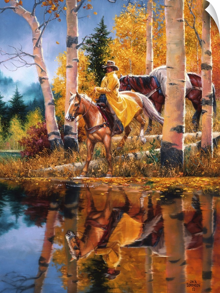 Contemporary Western artwork of a rider on horseback at a riverbank near some aspen trees in the fall.