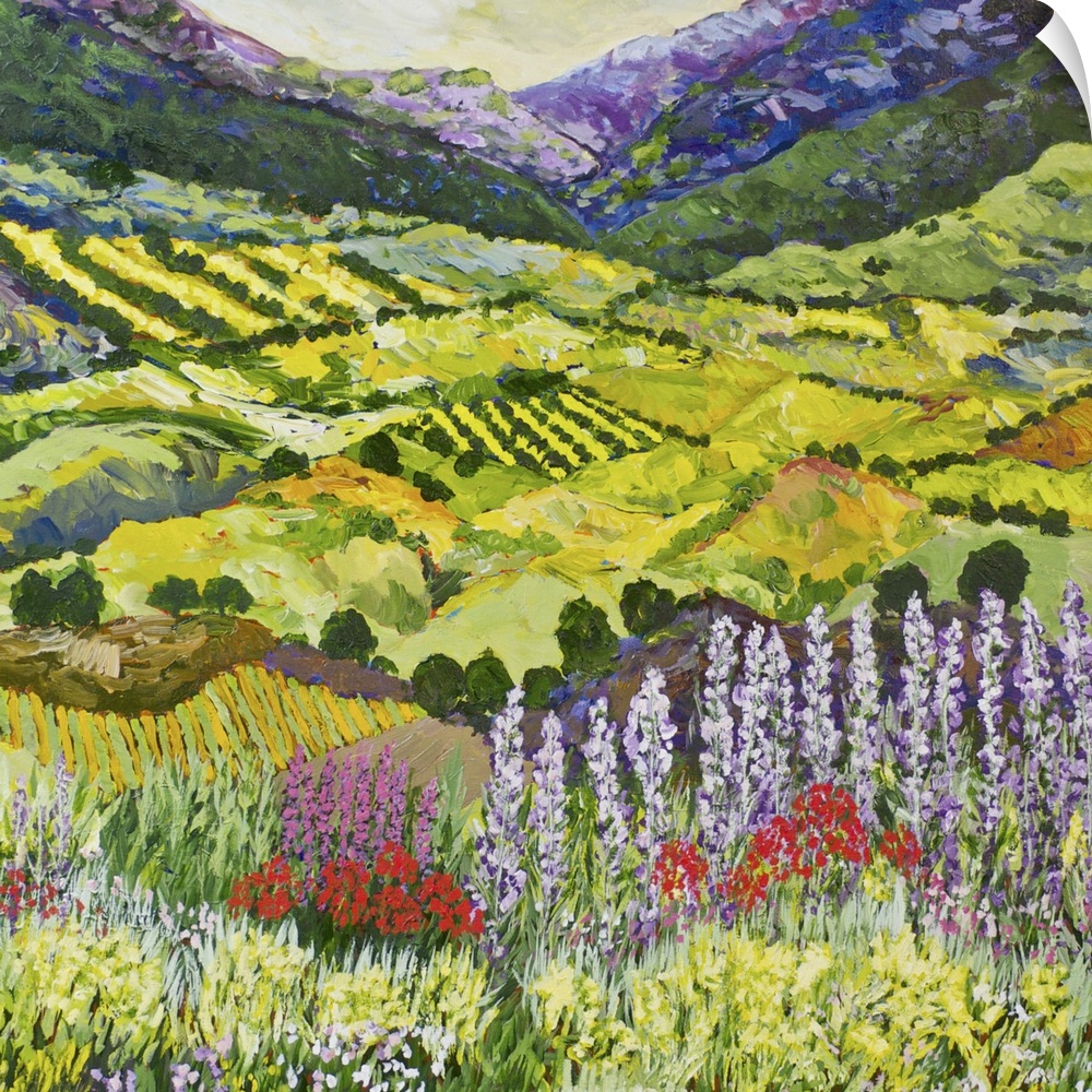 Contemporary painting of a country landscape with wildflowers in the foreground and farmland in the valley.