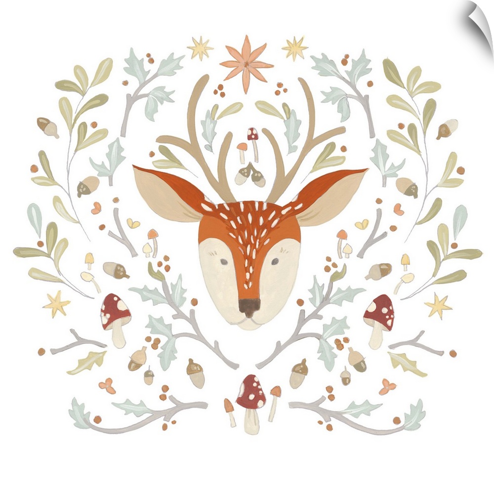 Whimsical children's artwork of woodland creatures and floral woodland elements.