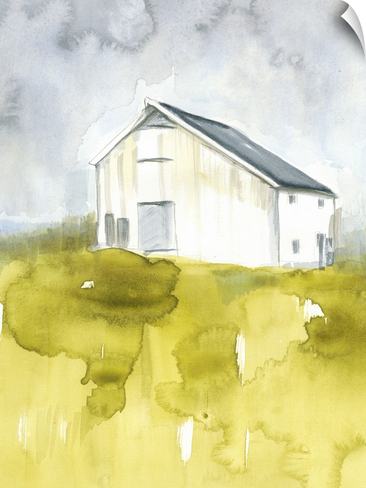 This watercolor scene features a worn white barn with a cloudy gray sky above and vibrant green grasses below.