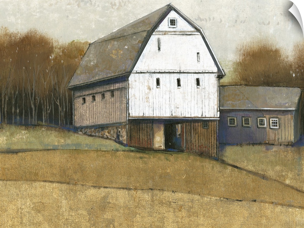 A painting of a simple countryside farmhouse in muted colors with vertical lined texture throughout is in this contemporar...