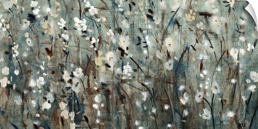 Contemporary painting of several flowers in a field, in blue and grey tones.