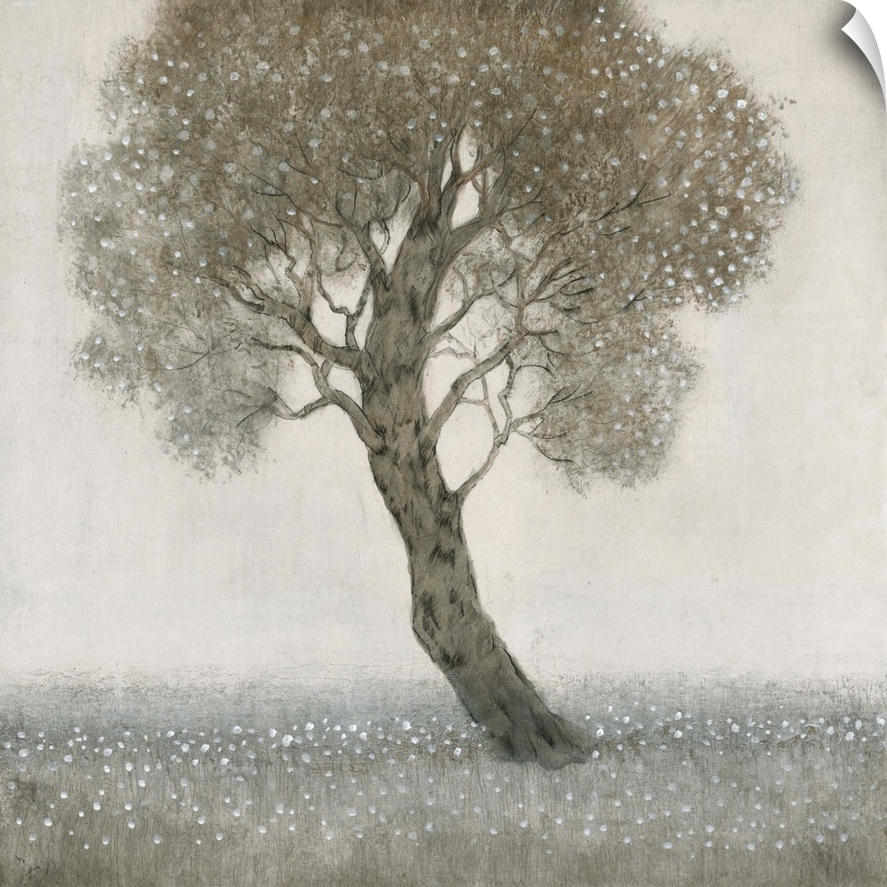 This contemporary artwork consists of muted browns and grays to feature a lone tree with white blossoms surrounded by a fi...