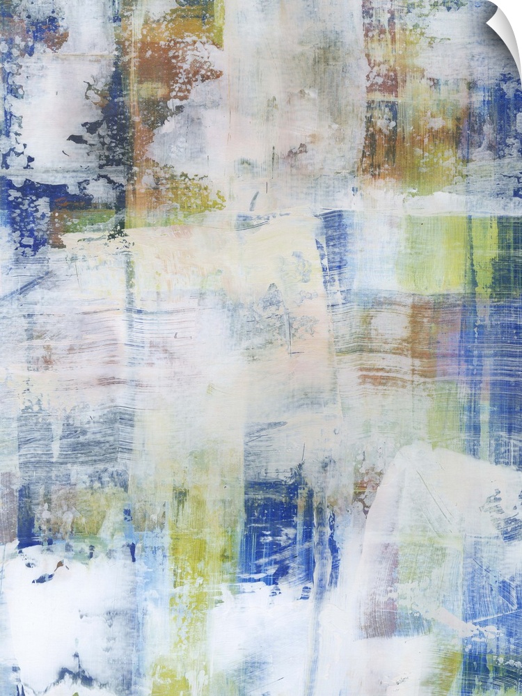 Contemporary abstract painting using blue tones with faded white in swiping motions.