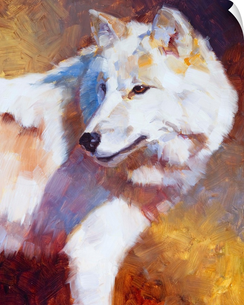 Contemporary painting of a white wolf looking back at something against a golden background.