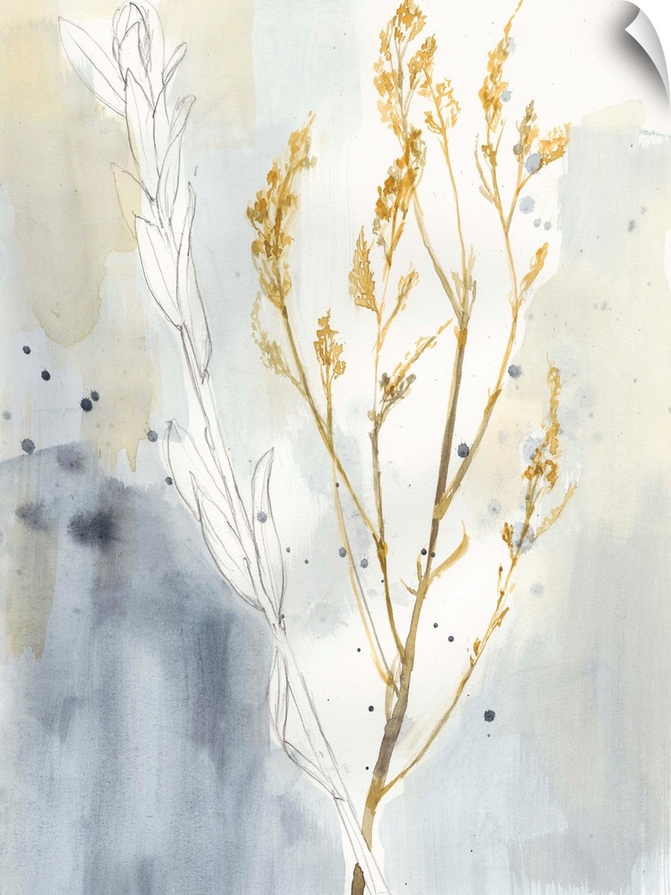 This contemporary artwork features gestural sketches and soft watercolors to illustrate stalks of grasses against a soft g...