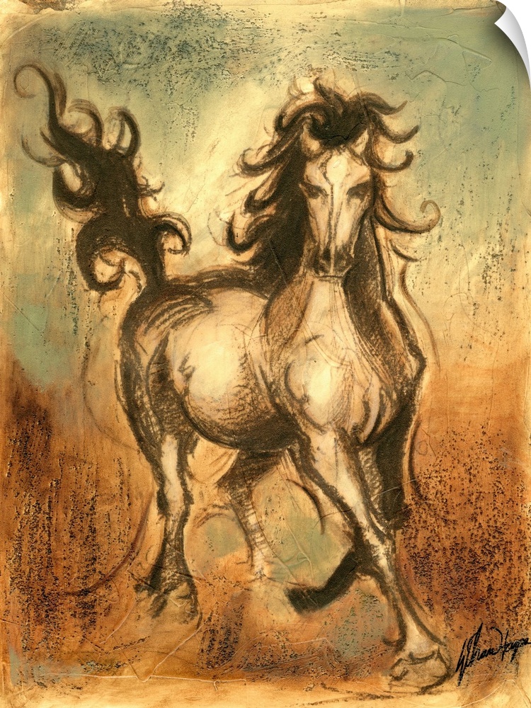 Painting of a wild horse running on a textured background with it's curly tail and mane bouncing as it gallops.