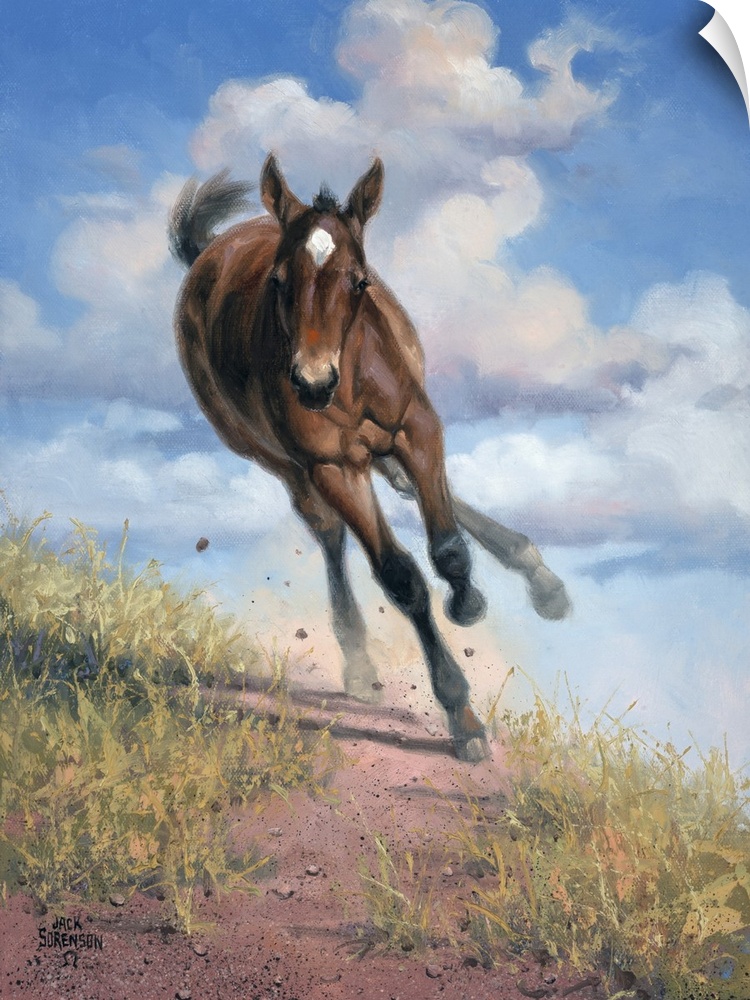 Lively brush strokes that create an active horse running through a trail against puffy white clouds in this contemporary a...