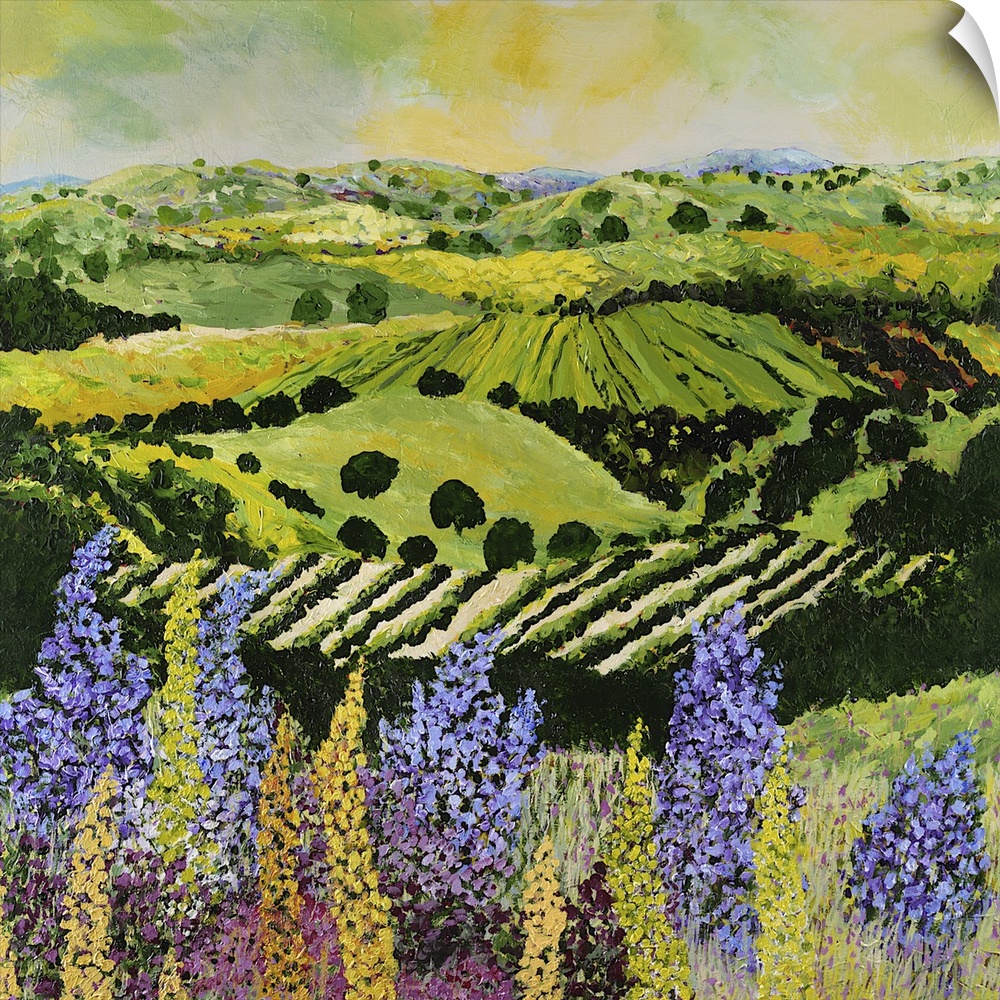Contemporary painting of a country landscape with lilacs overlooking rows of crops and hilly farmland.