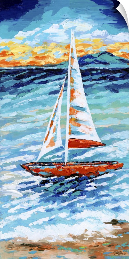 Contemporary ocean scene with a lone sailboat on the water near the coast.
