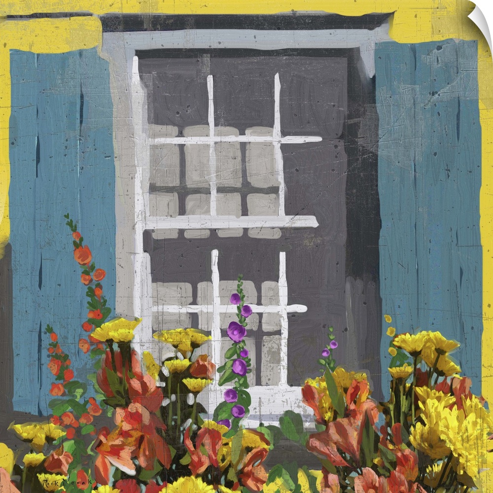 Colorful painting of a window on a yellow wall with blue shutters.