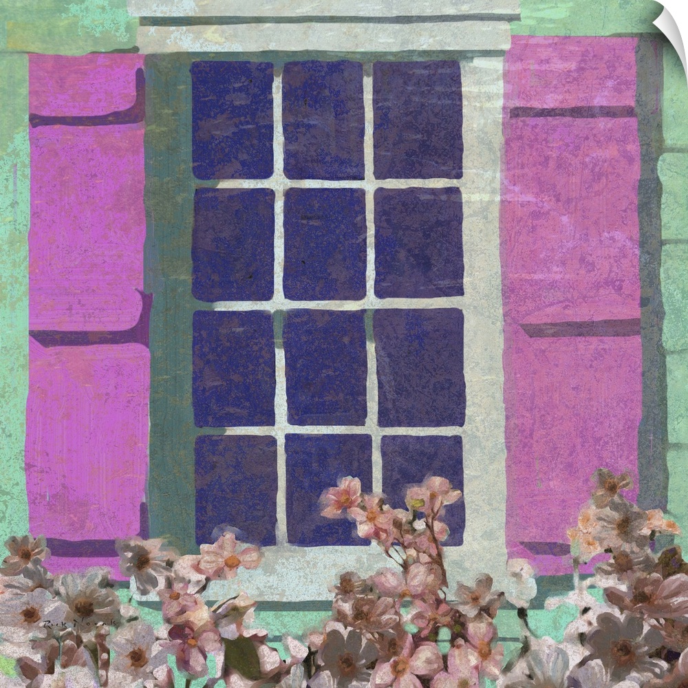 Colorful painting of a window on a green wall with pink shutters.