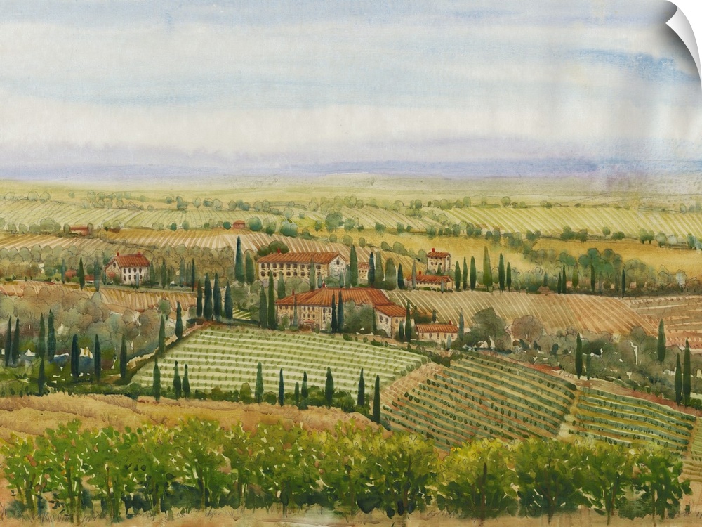 In this painting, vast ranges of greens and yellows dapple this homely landscape of a Tuscan countryside.