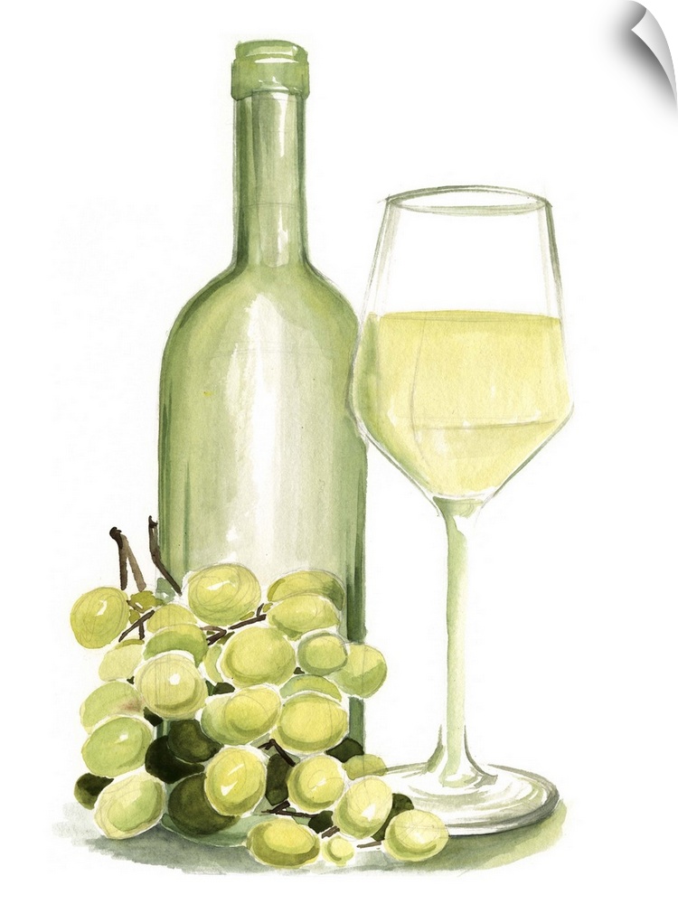 A watercolor painting of a glass of white wine accompanied by grapes and green bottle fills this vertical contemplative ar...