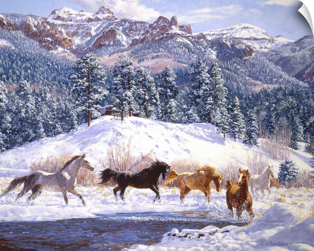 Contemporary colorful painting of a herd of horses running through a winter landscape, with a mountain range in the backgr...
