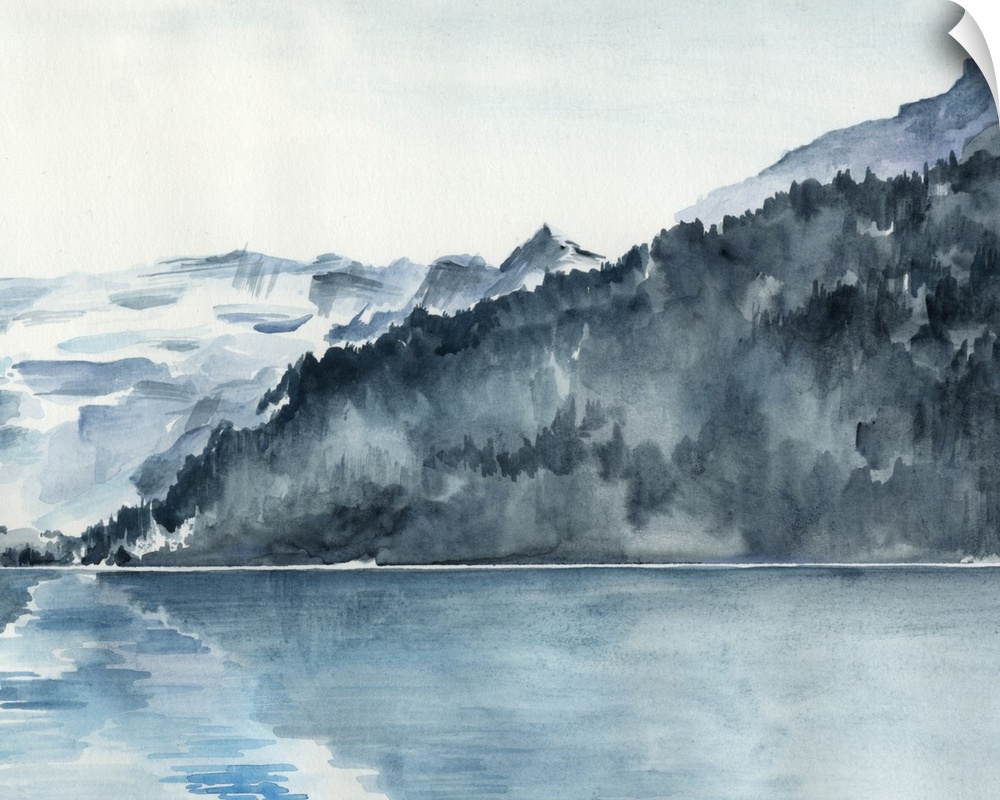 Watercolor painting of the beautiful Norwegian Fjords, with the mountains reflecting in the water.