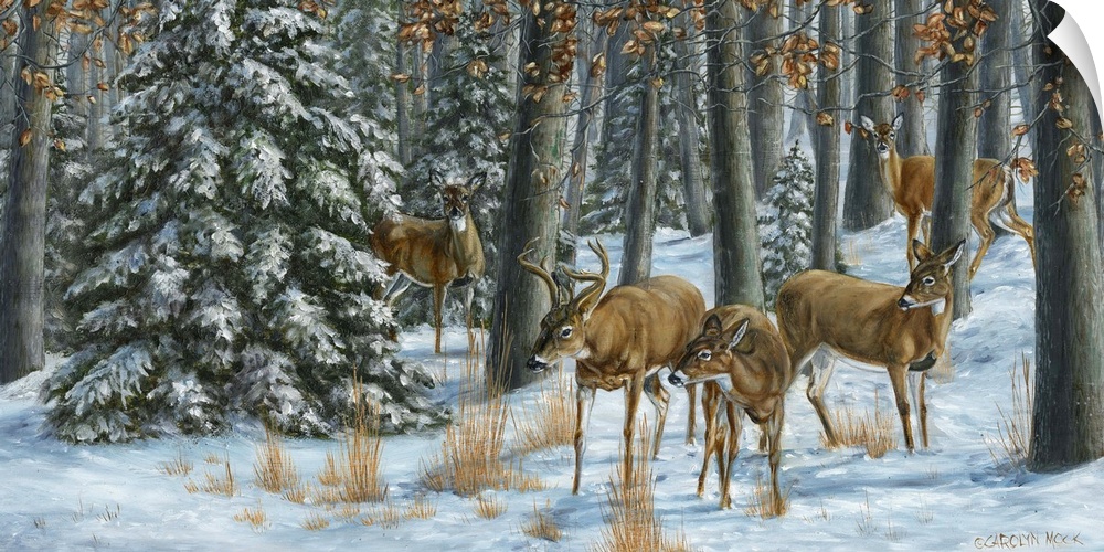 Contemporary painting of deer grazing in a snow covered forest.