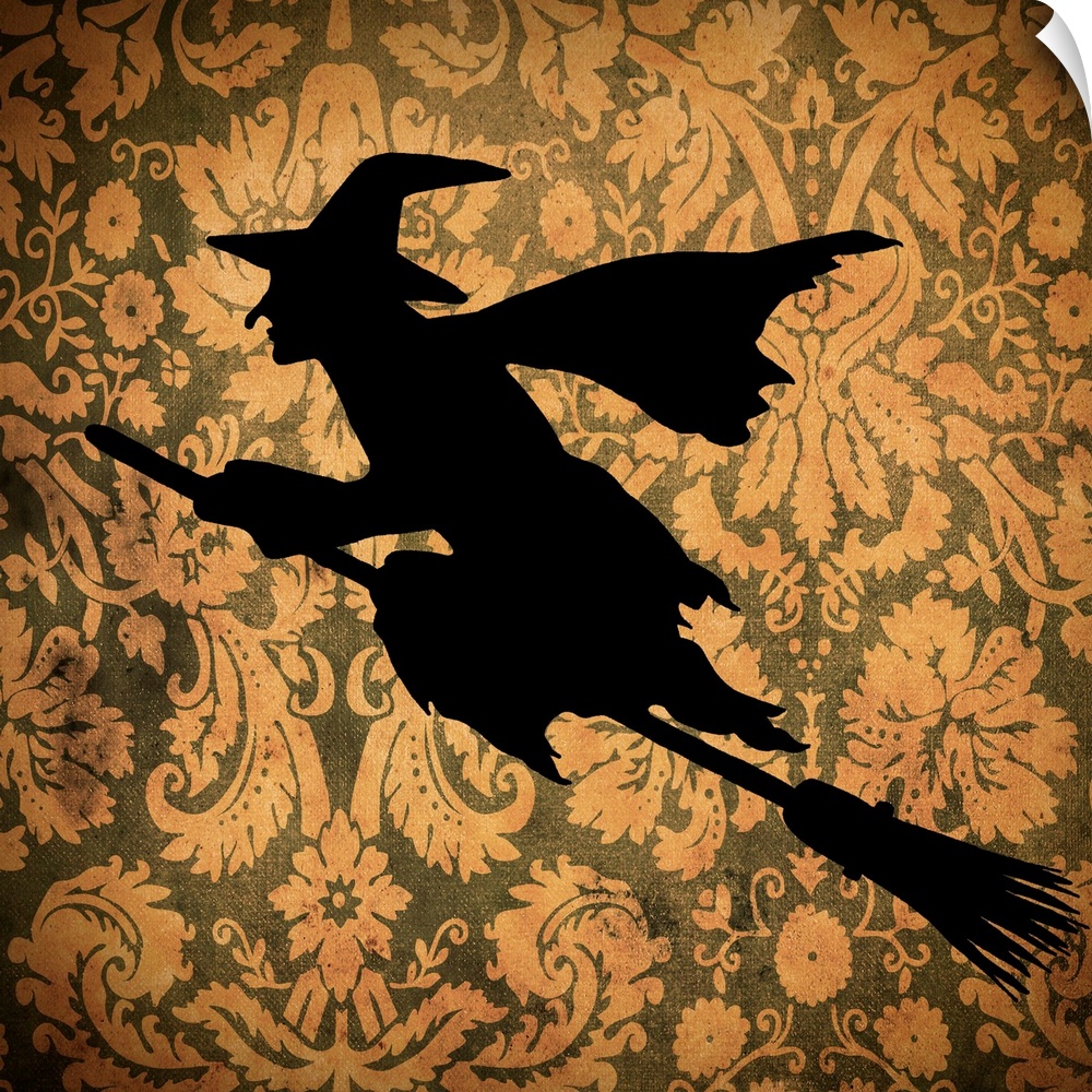 Silhouette of a witch on an orange floral background.