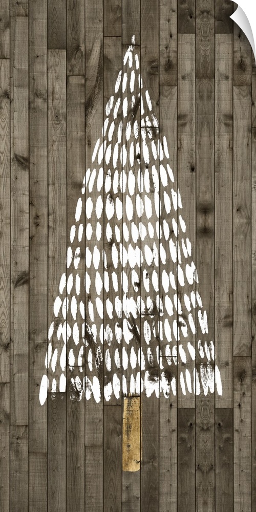 A decorative design of a simple Christmas tree in white with gold accents on a wood backdrop.