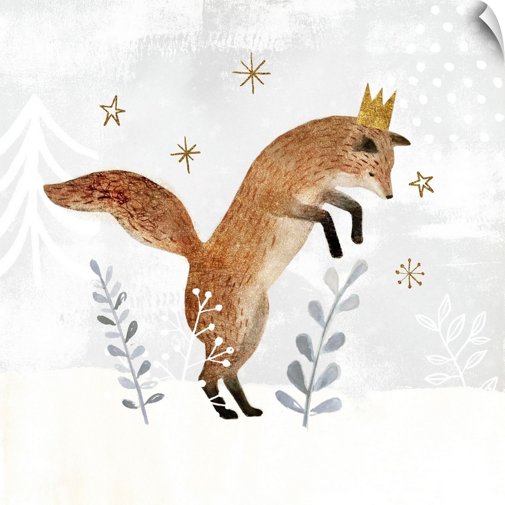 Woodland themed nursery decor featuring a fox in a whimsical snowscape.