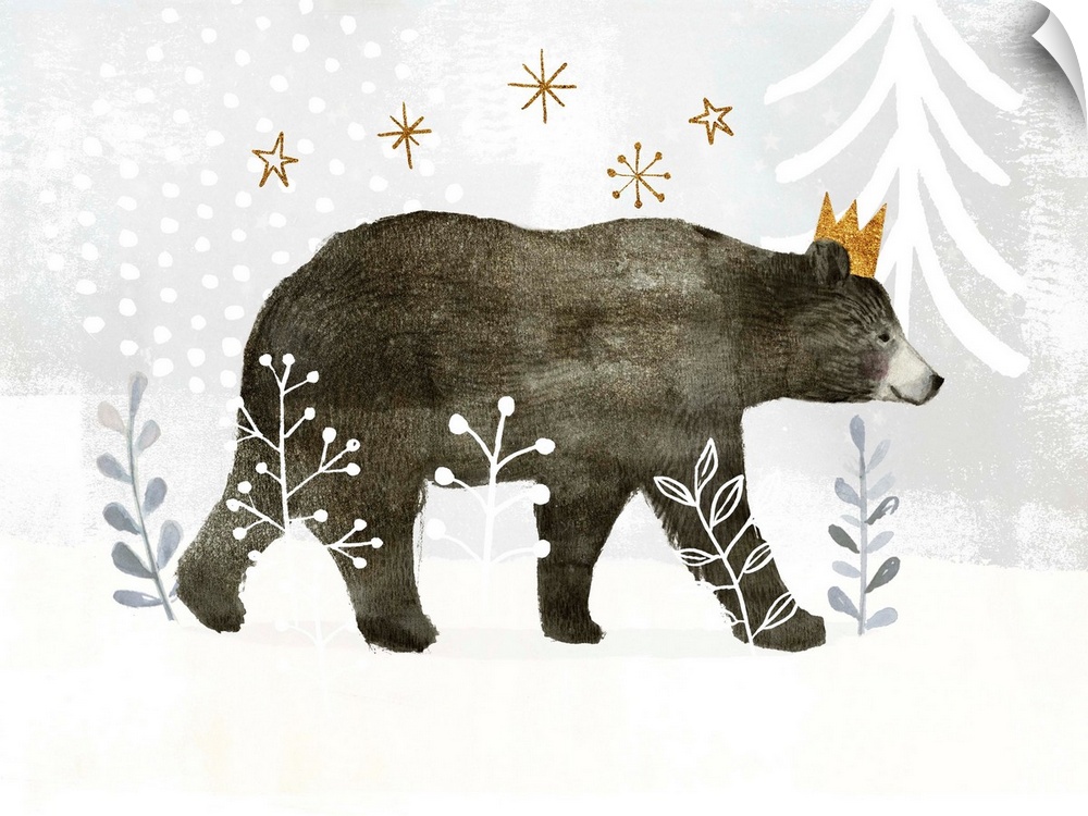 Woodland themed nursery decor featuring a bear in a whimsical snowscape.